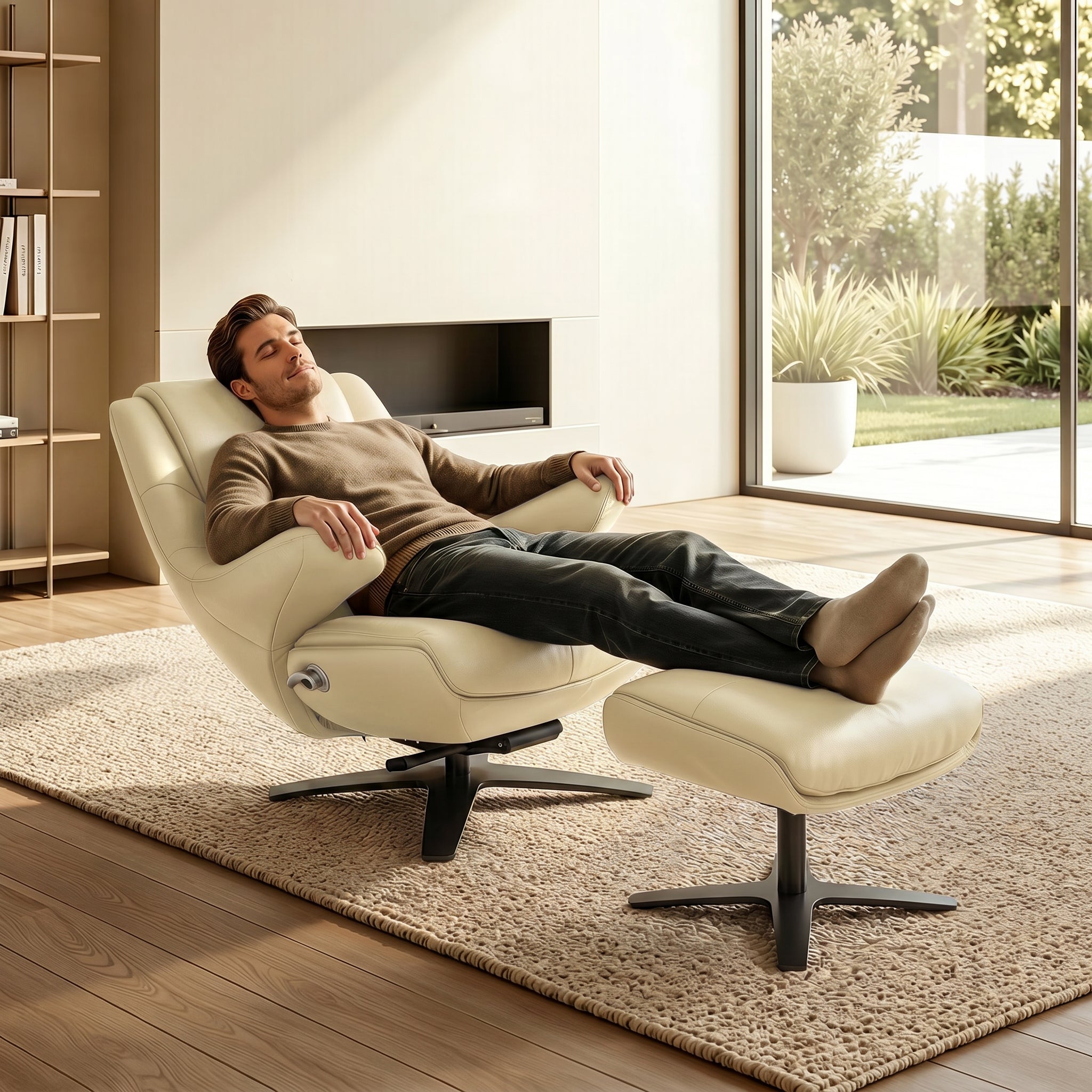 Genuine Leather Recliner Chair with Ottoman, 360°Swivel Recliner with Adjustable Backrest, Accent Chair for Living Room A7100