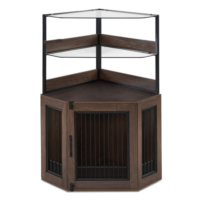 MCombo Corner Dog Crate Furniture with Glass Shelves, Wooden Dog Kennel Furniture with Door, Pet Crate Indoor Use, CN28