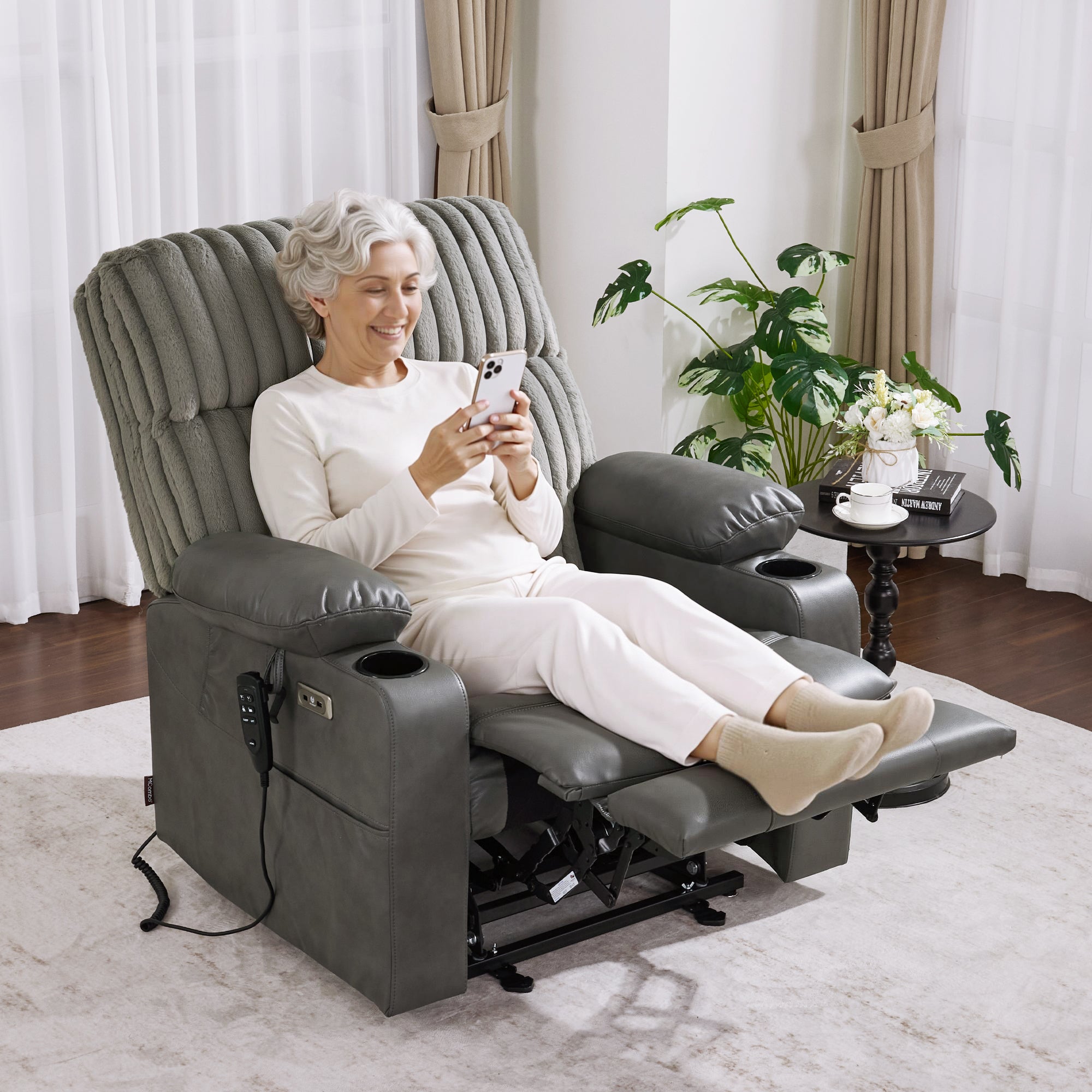 180° Lay Flat Power Lift Recliner Chair for Elderly, Dual Motor Lift Chair with Full-Body Heating for Sleeping, Extra Wide Seat,Imitation Rabbit Fur R7123