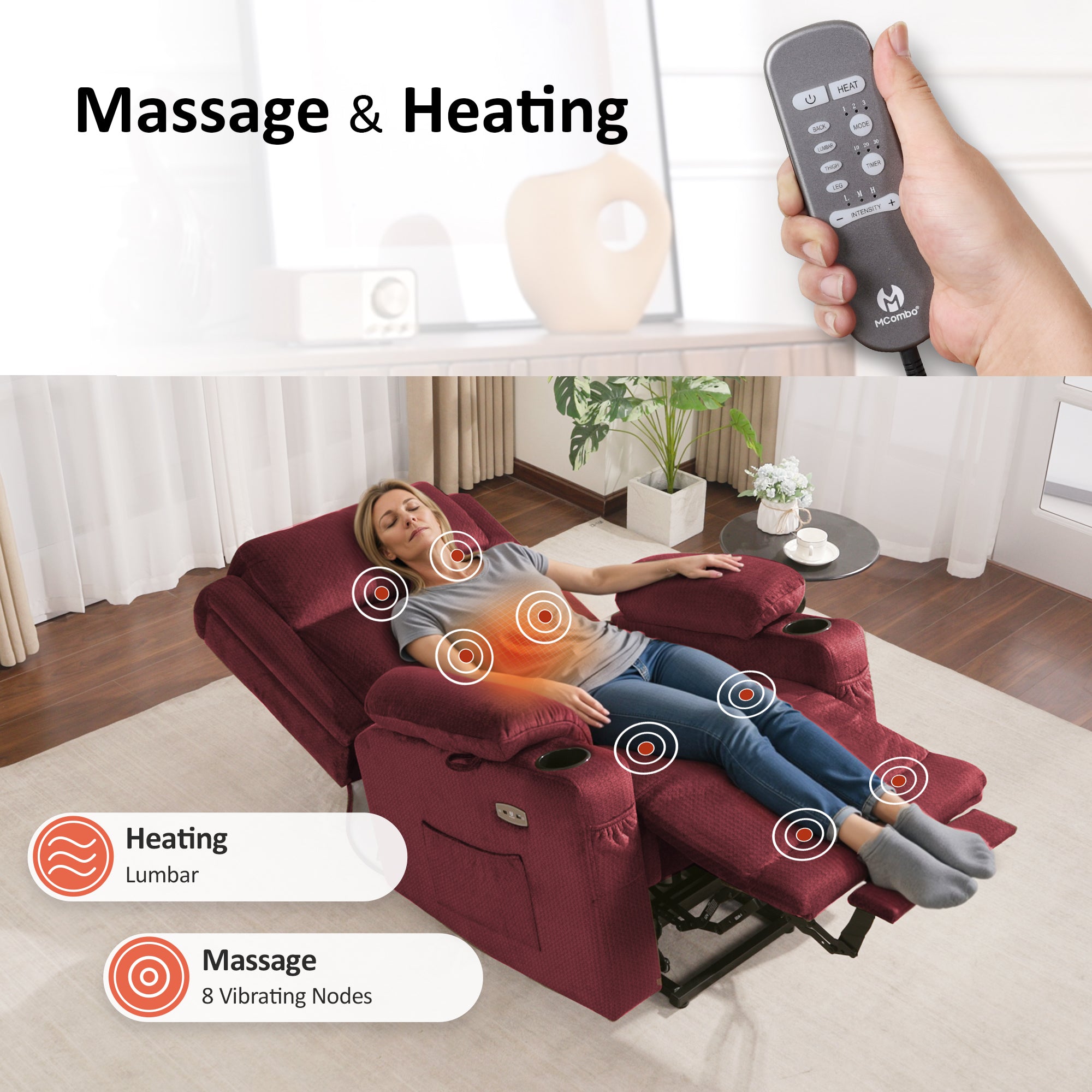 Power Lift Recliner Chair, Triple Motor, Massage and Heat, Fabric 7661|7662|7664