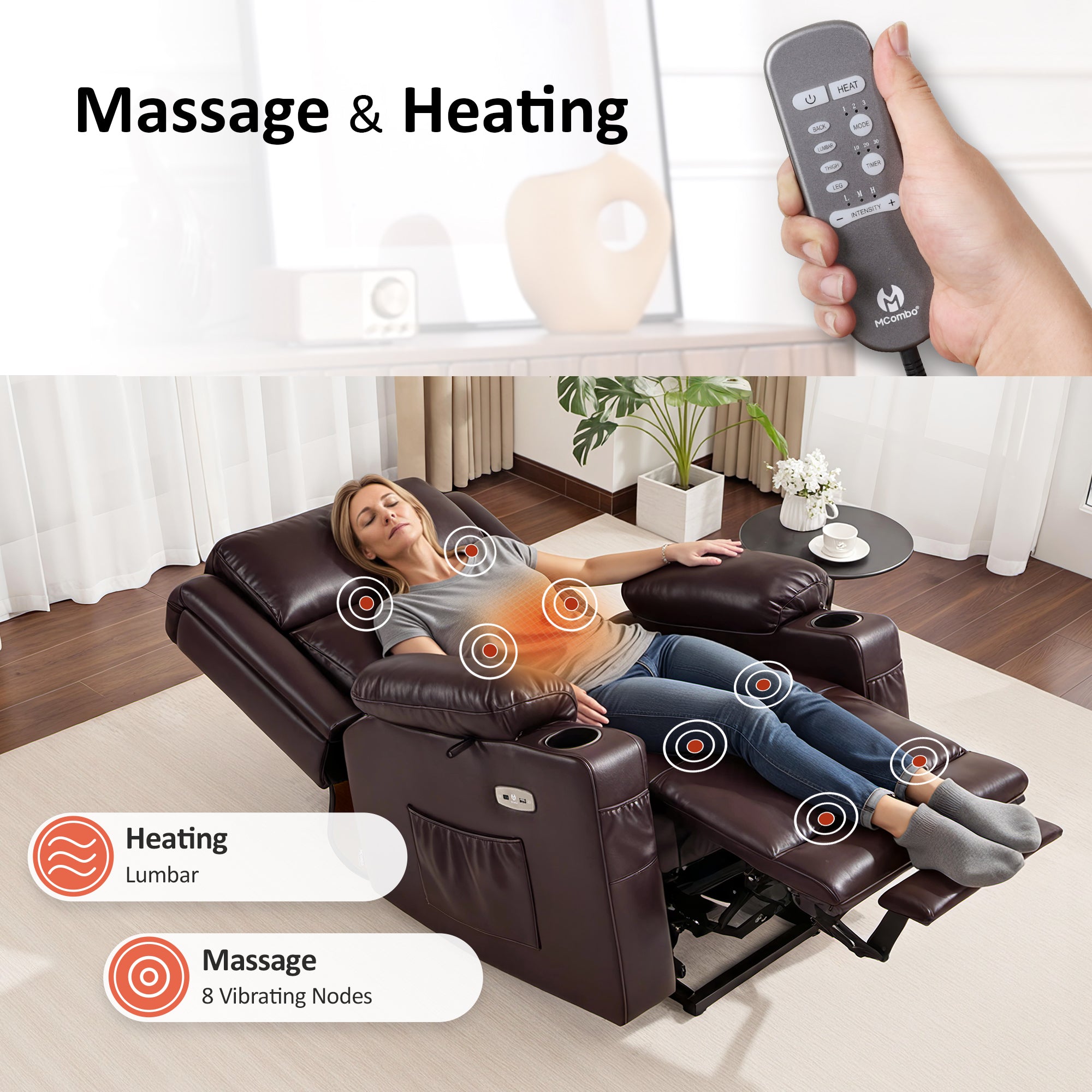 Power Lift Recliner Chair, Triple Motor, Massage and Heat, Faux Leather 7661|7662