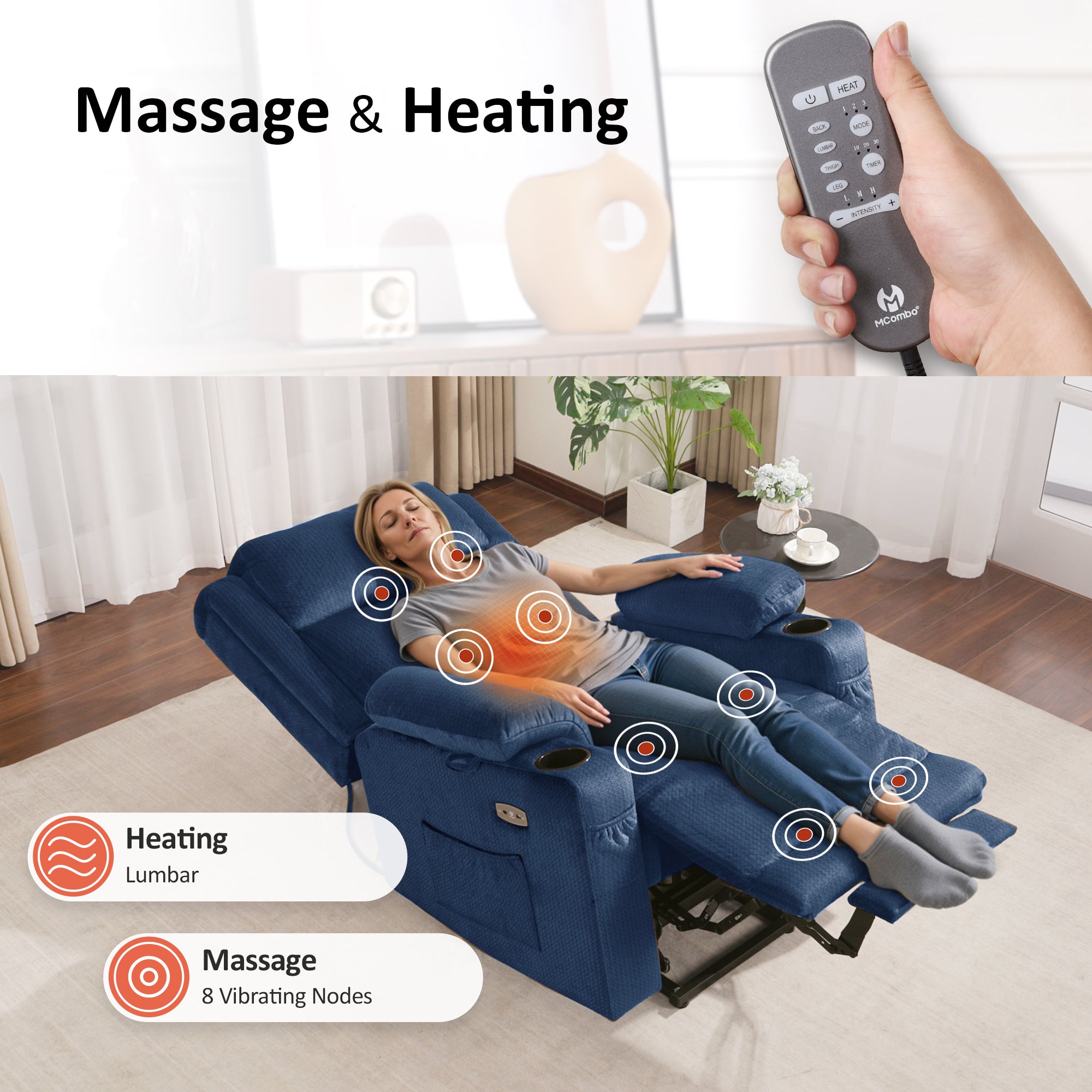 Power Lift Recliner Chair, Triple Motor, Massage and Heat, Fabric 7661|7662|7664