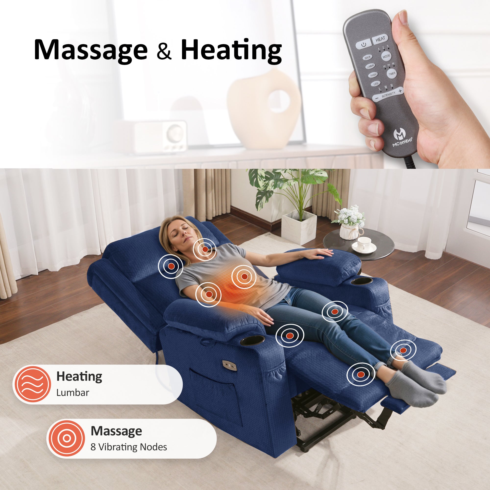 Power Lift Recliner Chair, Triple Motor, Massage and Heat, Fabric 7661|7662|7664