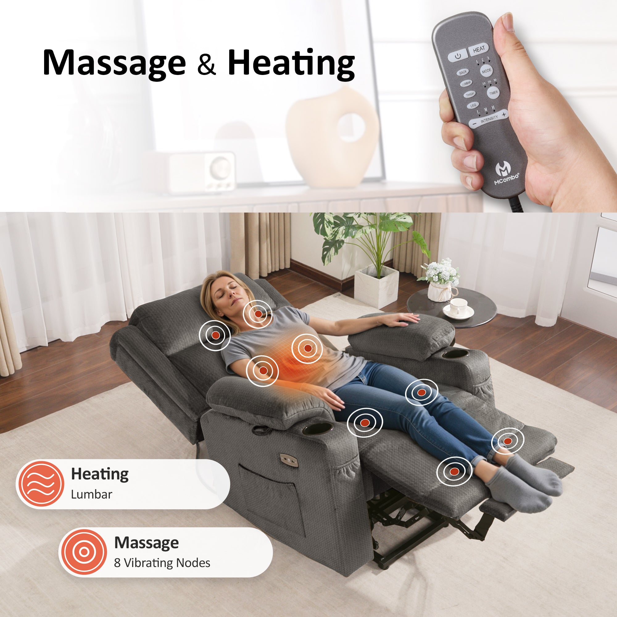 Power Lift Recliner Chair, Triple Motor, Massage and Heat, Fabric 7661|7662|7664