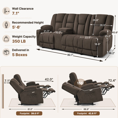 92 in 3 Seater Reclining Sofa with Storage Console 6034M4