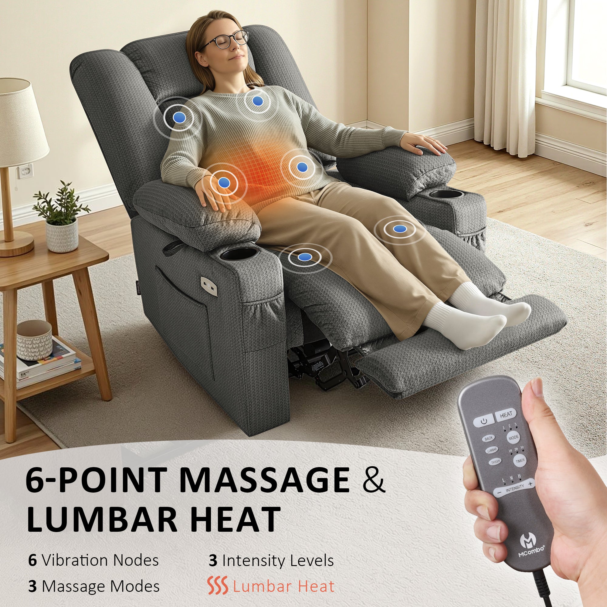 Power Recliner Chair with Heat and Massage, Fabric 6079|PR670|PR671
