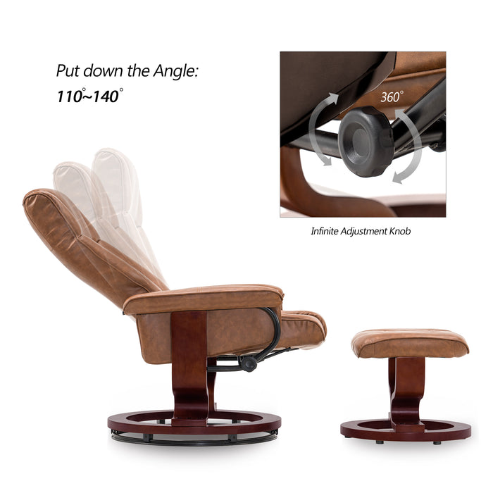 Mcombo Swiveling Recliner Chair with Wrapped Wood Base and Matching Ottoman Footrest, Furniture Casual Chair, Faux Leather 9019