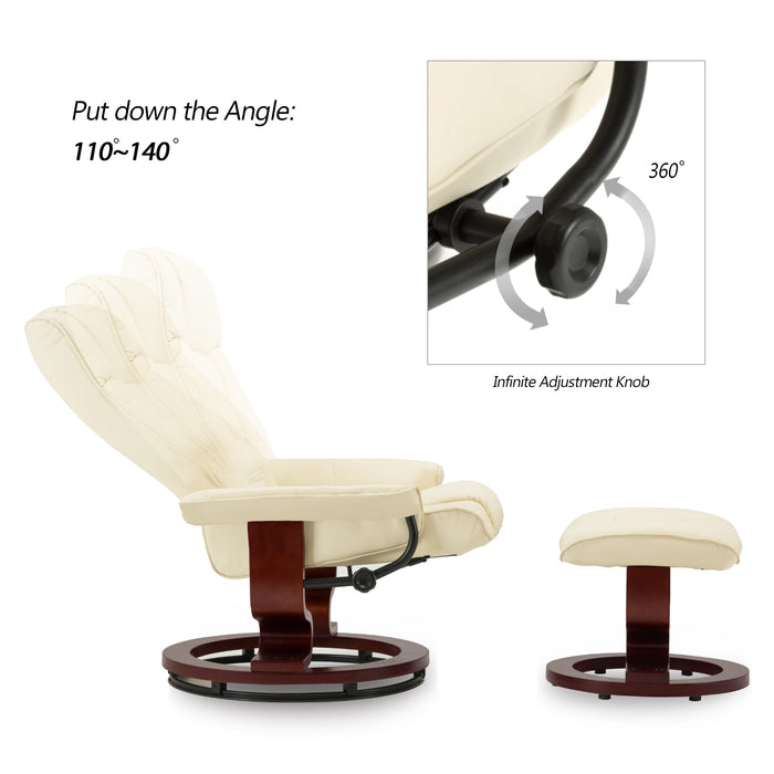 Mcombo Swiveling Recliner Chair with Wrapped Wood Base and Matching Ottoman Footrest, Furniture Casual Chair, Faux Leather 9019