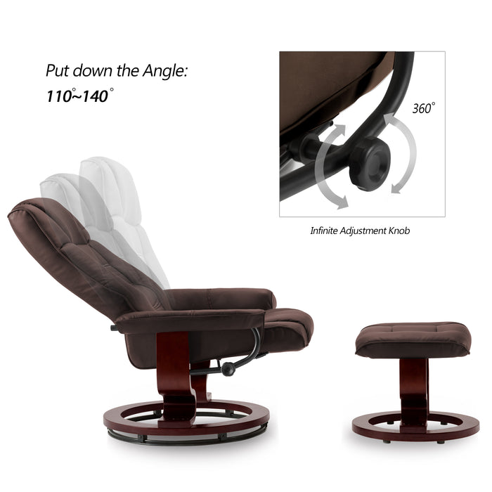 Mcombo Swiveling Recliner Chair with Wrapped Wood Base and Matching Ottoman Footrest, Furniture Casual Chair, Faux Leather 9019