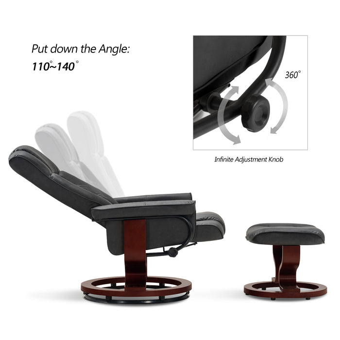 Mcombo Swiveling Recliner Chair with Wrapped Wood Base and Matching Ottoman Footrest, Furniture Casual Chair, Faux Leather 9019