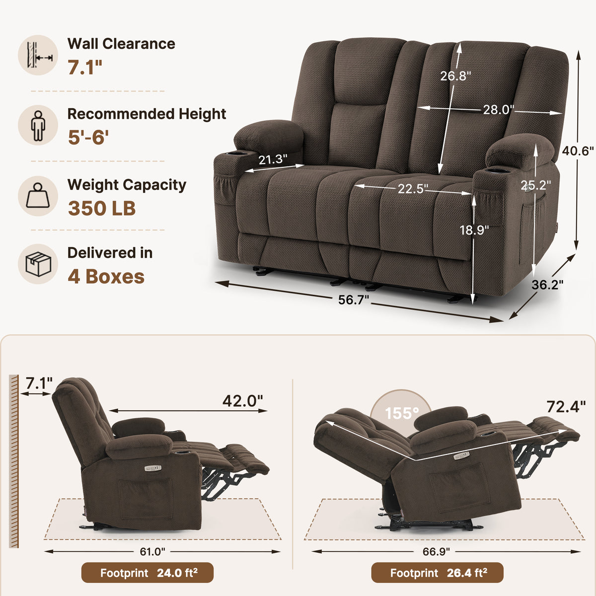 58 in Reclining Loveseat Recliner with Heat & Massage 6034M1