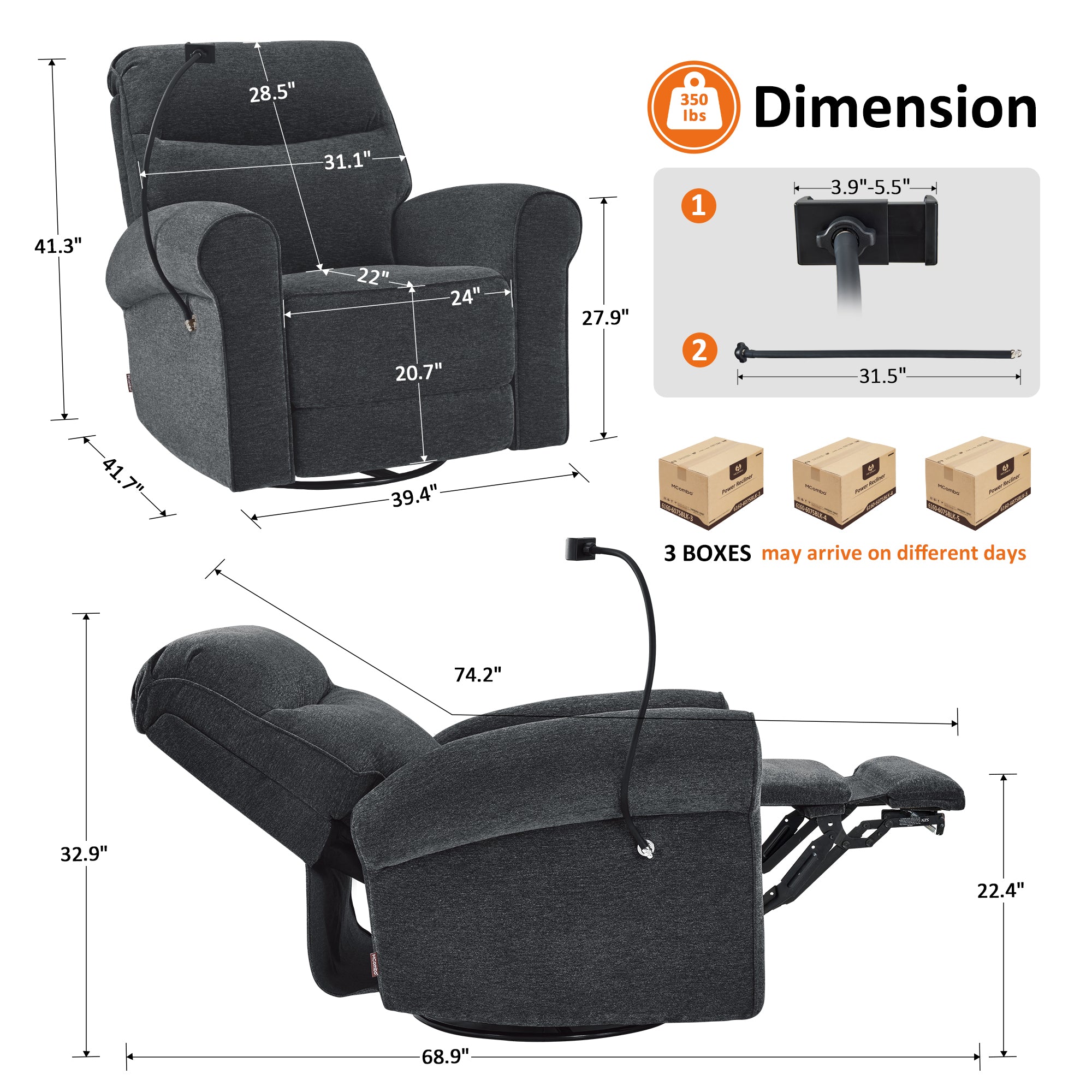 Triple Motor Power Swivel Rocker Recliner with Adjustable Headrest & Extended Footrest, Fabric PR638