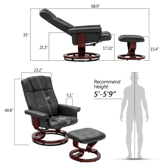Mcombo Swiveling Recliner Chair with Wrapped Wood Base and Matching Ottoman Footrest, Furniture Casual Chair, Faux Leather 9019
