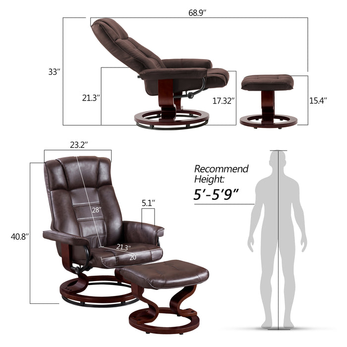Mcombo Swiveling Recliner Chair with Wrapped Wood Base and Matching Ottoman Footrest, Furniture Casual Chair, Faux Leather 9019