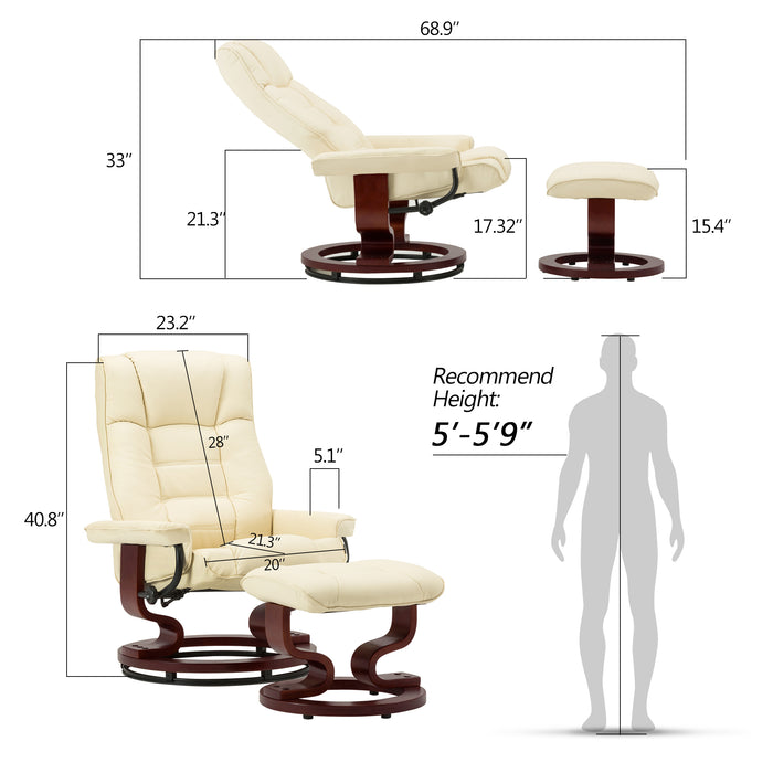 Mcombo Swiveling Recliner Chair with Wrapped Wood Base and Matching Ottoman Footrest, Furniture Casual Chair, Faux Leather 9019