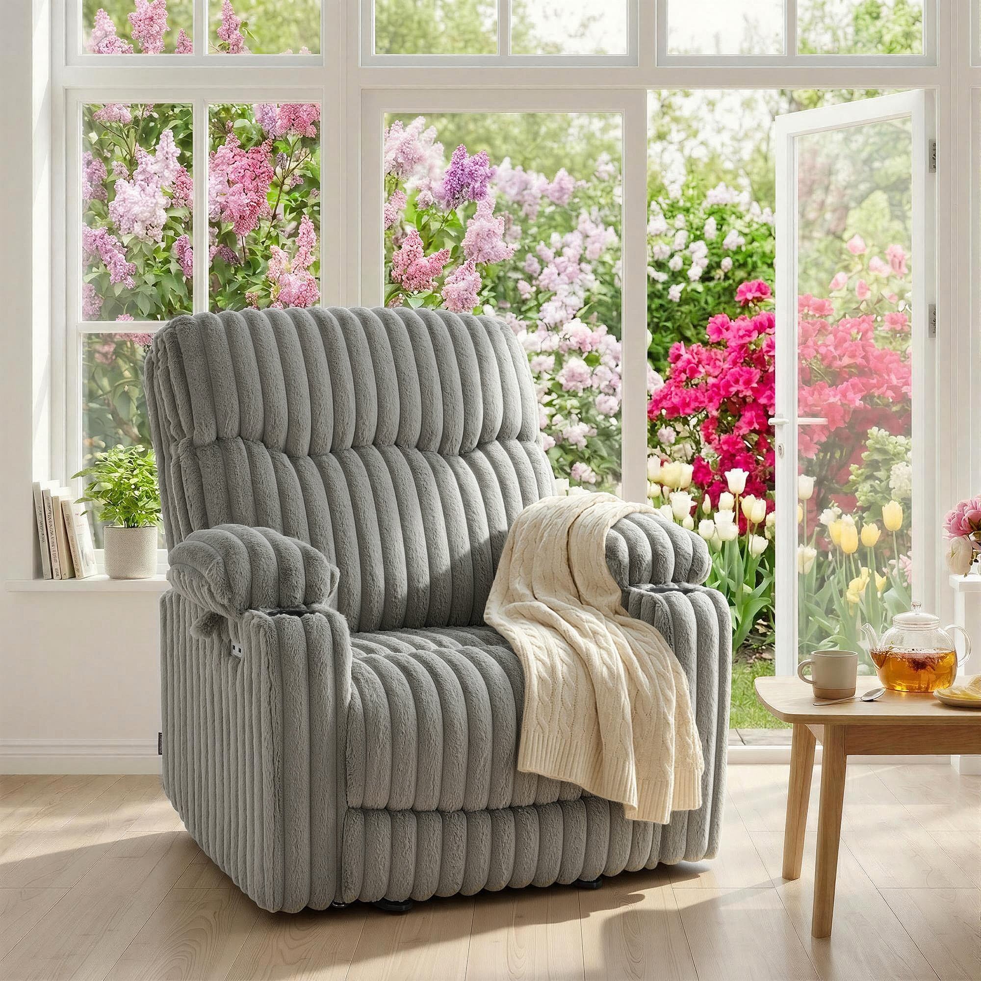 MCombo 180° Lay Flat Power Lift Recliner Chair for Elderly, Dual Motor Lift Chair with Full-Body Heating for Sleeping, Extra Wide Seat,Imitation Rabbit Fur R7123