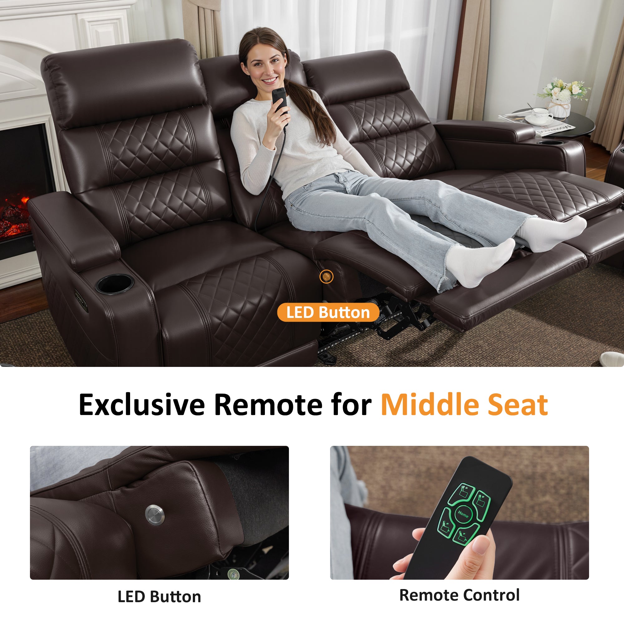 Power Reclining Sofa, Home Theater Seating, Faux leather HTS564