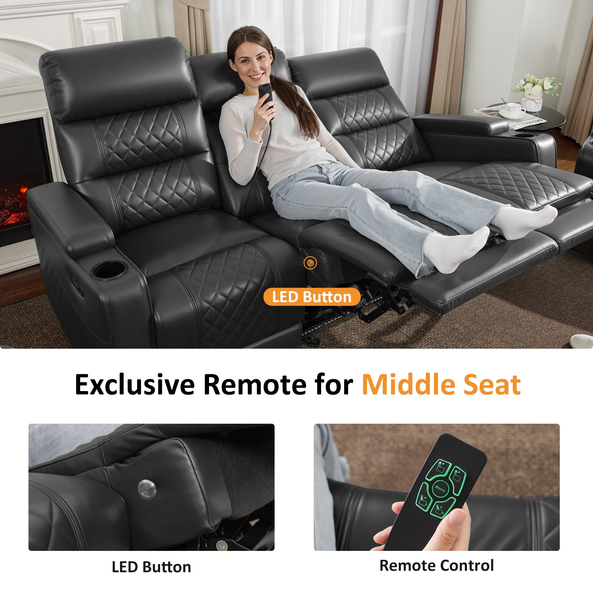 Power Reclining Sofa, Home Theater Seating, Faux leather HTS564