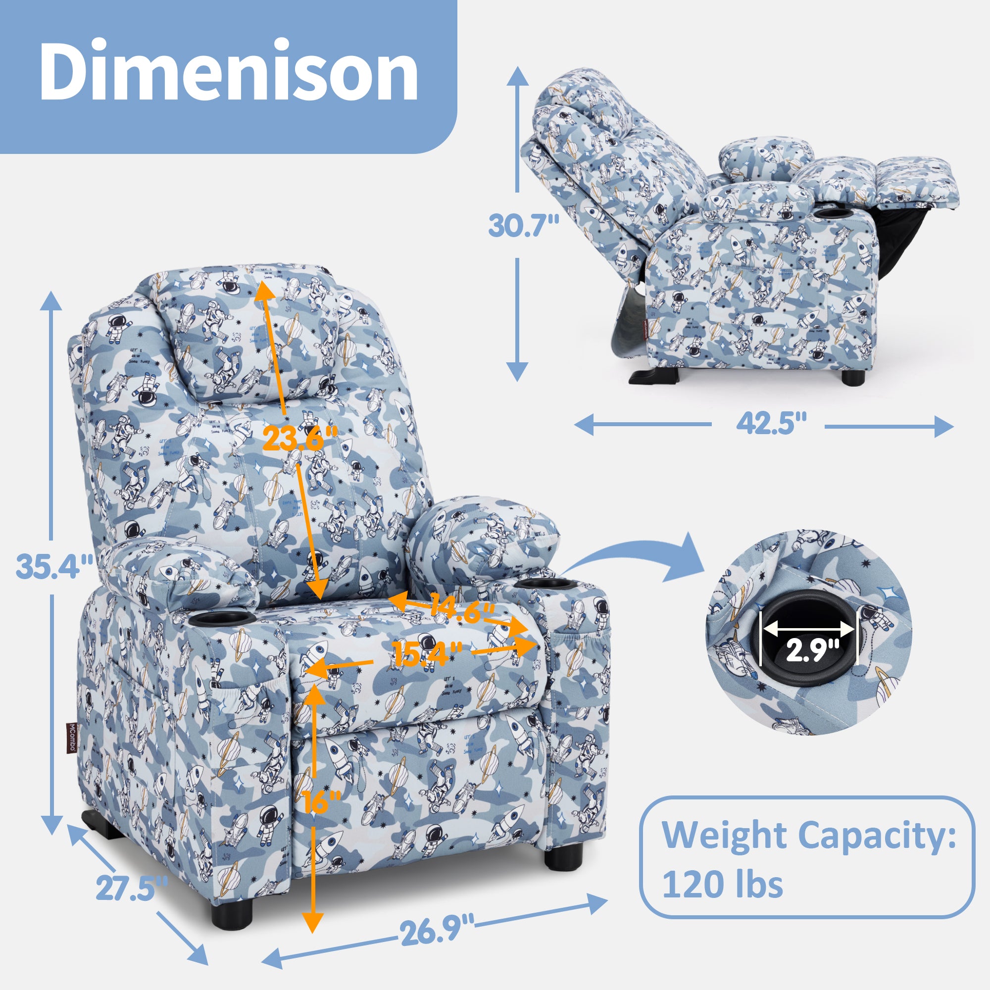 Big Kids Recliner for Ages 3+, Child Reclining Chair, Toddlers Recliner Sofa with Cup Holders 7388