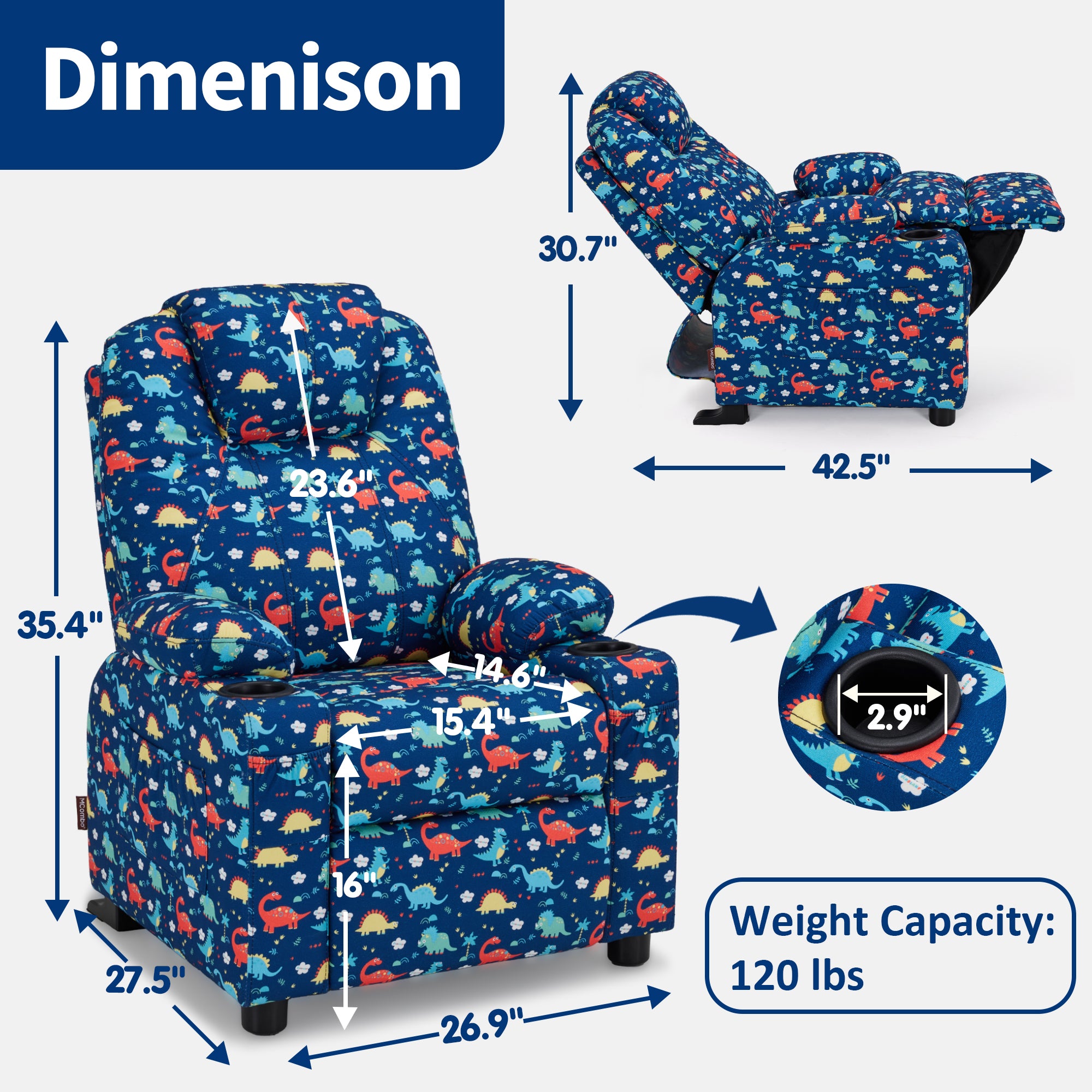 Big Kids Recliner for Ages 3+, Child Reclining Chair, Toddlers Recliner Sofa with Cup Holders 7388