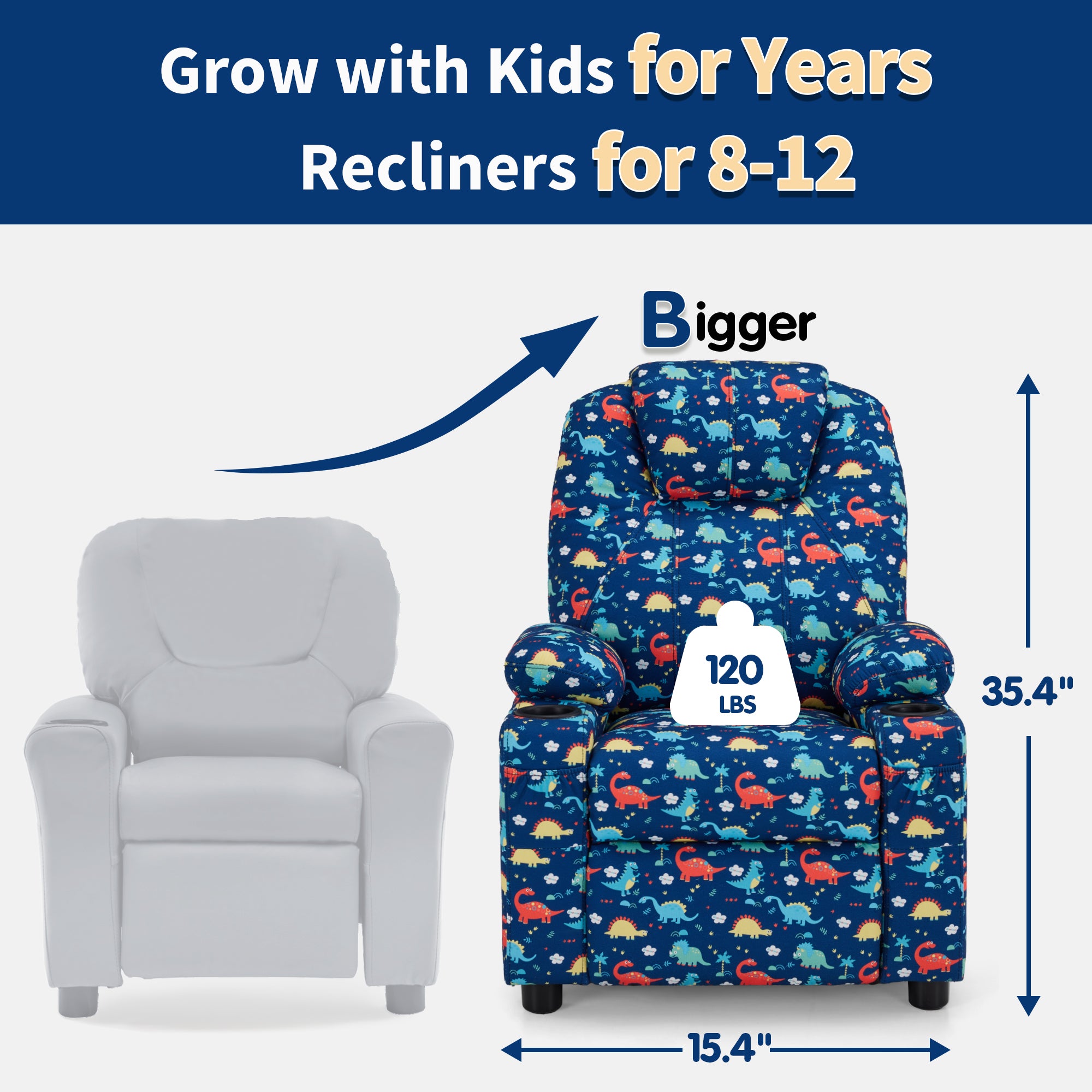 Big Kids Recliner for Ages 3+, Child Reclining Chair, Toddlers Recliner Sofa with Cup Holders 7388