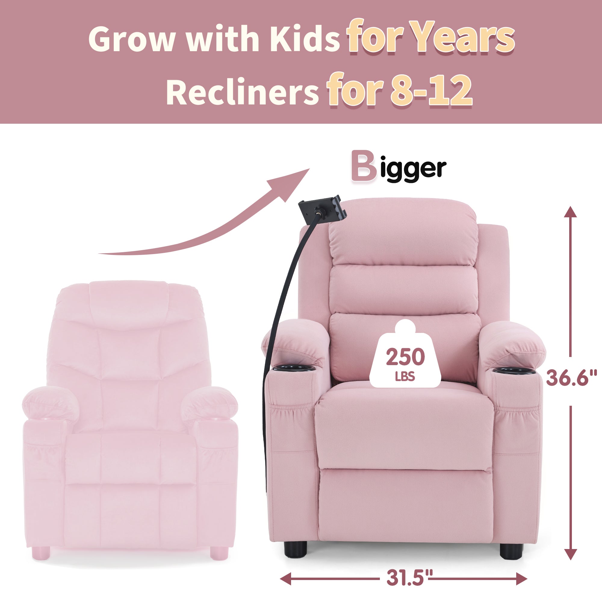 Bigger Kids Recliner for Ages 5+, Teens Recliner with iPad Stand, Child Reclining Chair with Cup Holders 7377