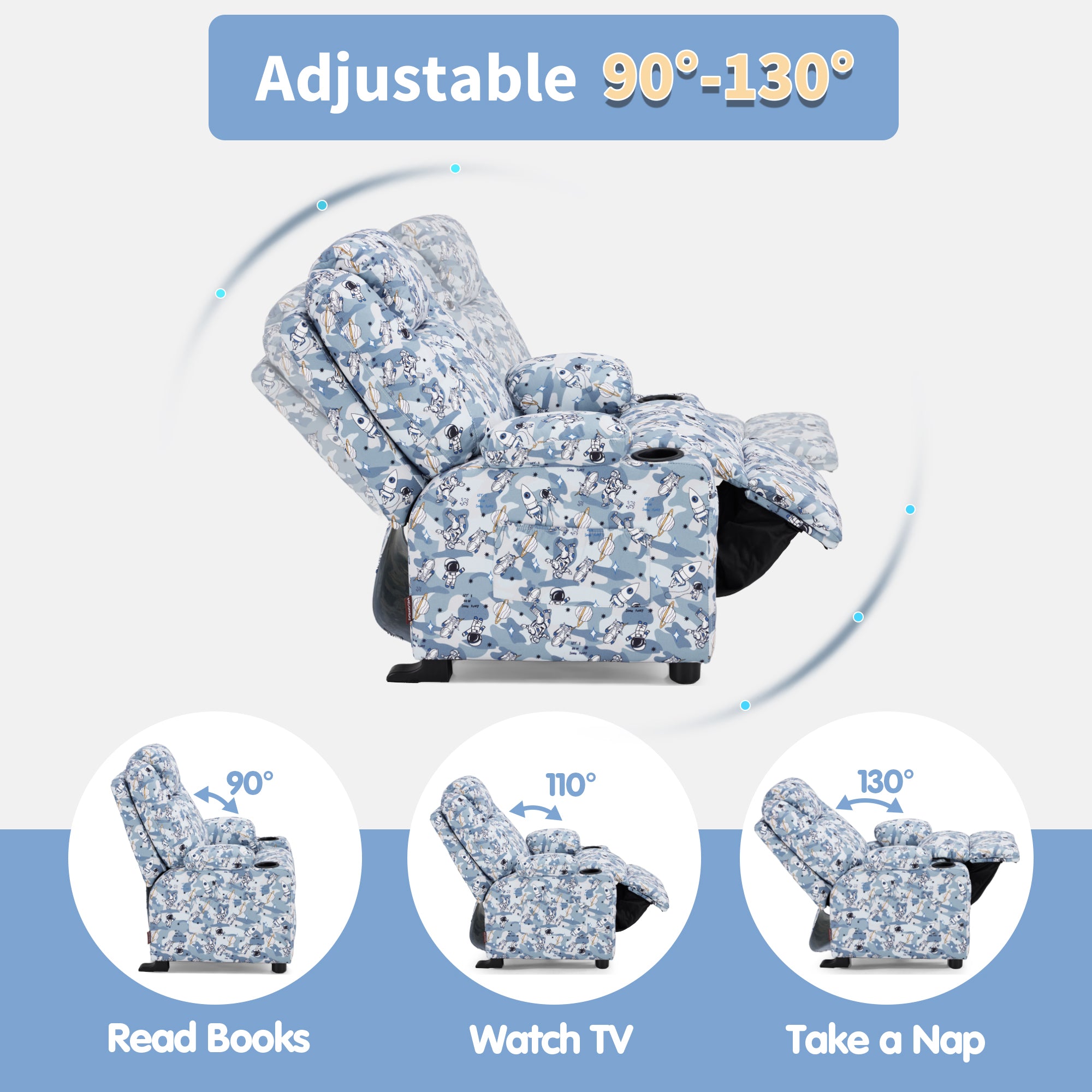 Big Kids Recliner for Ages 3+, Child Reclining Chair, Toddlers Recliner Sofa with Cup Holders 7388