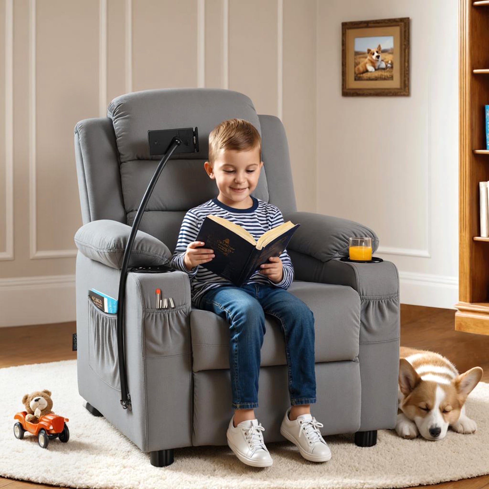 Bigger Kids Recliner for Ages 5+, Teens Recliner with iPad Stand, Child Reclining Chair with Cup Holders 7377