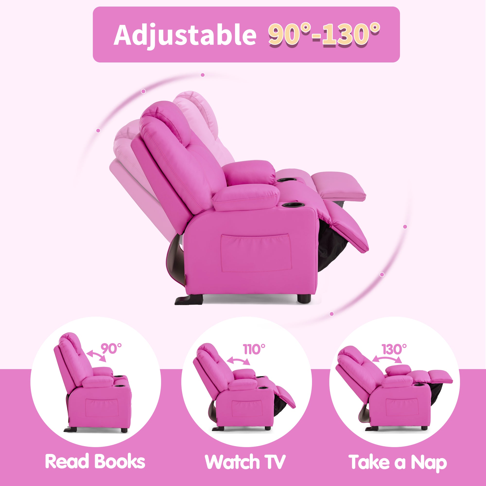 Big Kids Recliner for Ages 3+, Child Reclining Chair, Toddlers Recliner Sofa with Cup Holders 7388