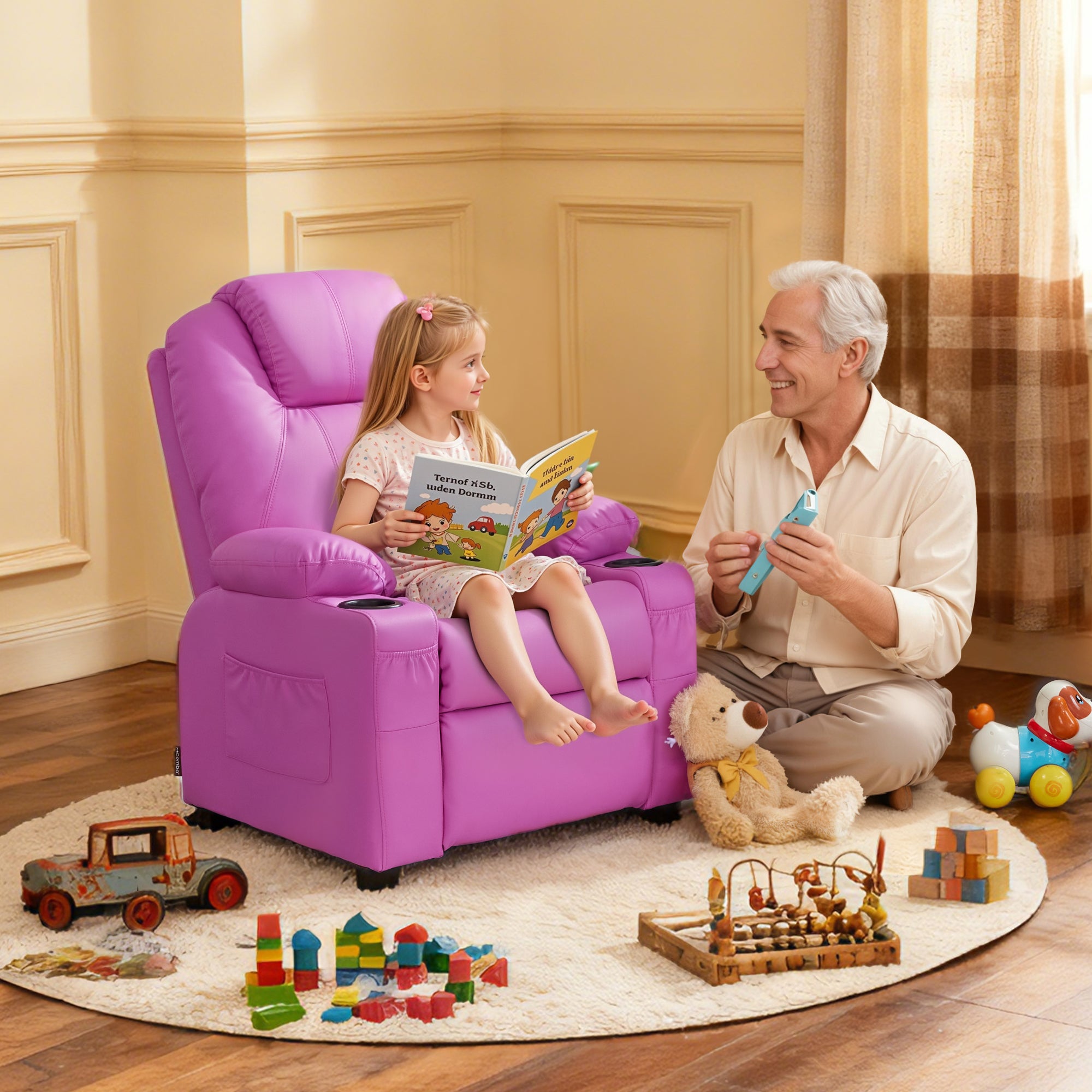 Big Kids Recliner for Ages 3+, Child Reclining Chair, Toddlers Recliner Sofa with Cup Holders 7388