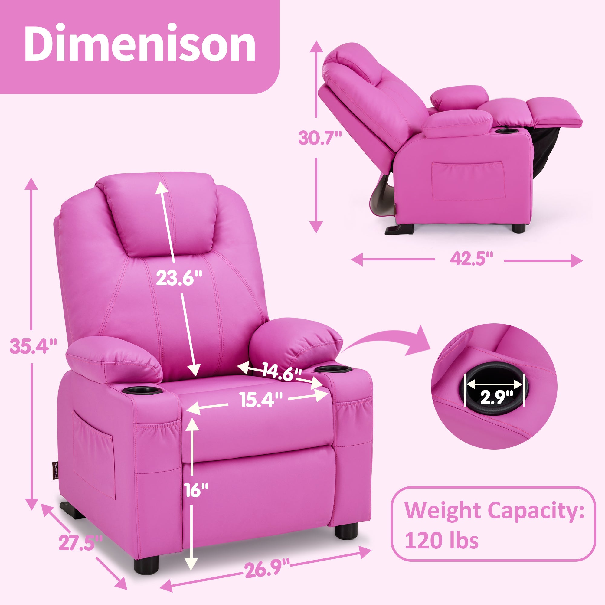 Big Kids Recliner for Ages 3+, Child Reclining Chair, Toddlers Recliner Sofa with Cup Holders 7388