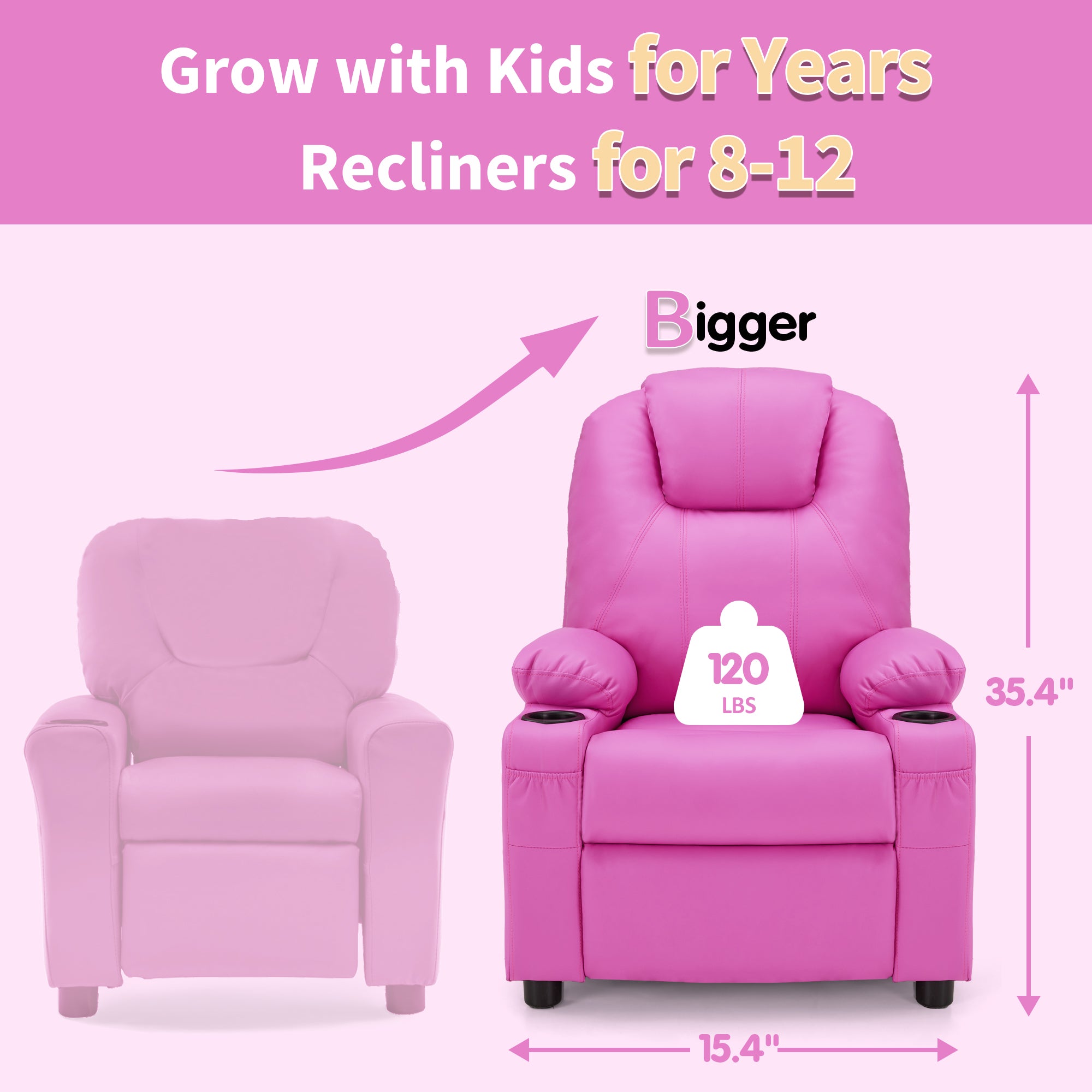 Big Kids Recliner for Ages 3+, Child Reclining Chair, Toddlers Recliner Sofa with Cup Holders 7388
