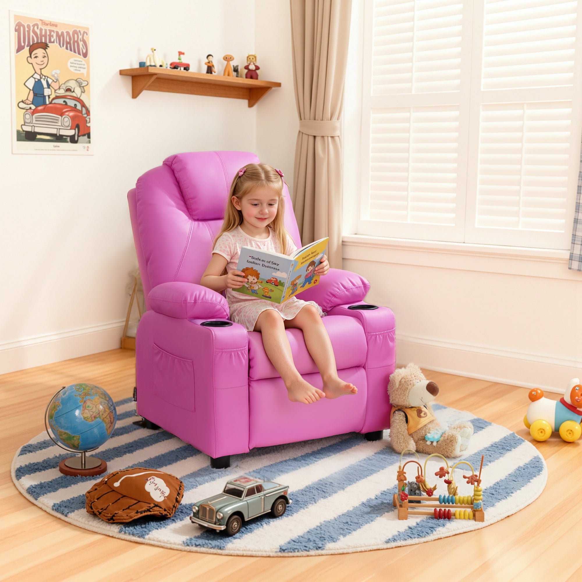 Big Kids Recliner for Ages 3+, Child Reclining Chair, Toddlers Recliner Sofa with Cup Holders 7388
