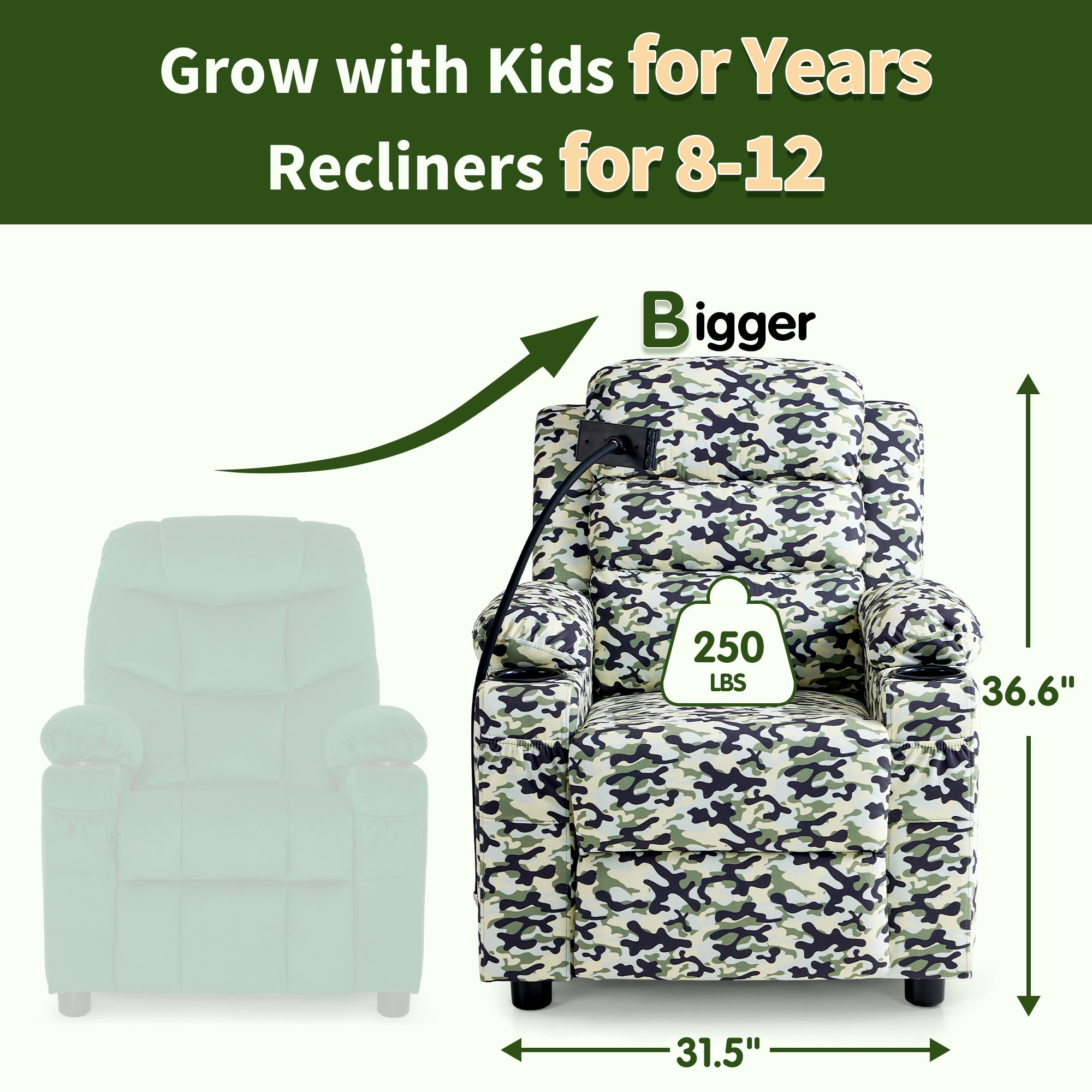 Bigger Kids Recliner for Ages 5+, Teens Recliner with iPad Stand, Child Reclining Chair with Cup Holders 7377