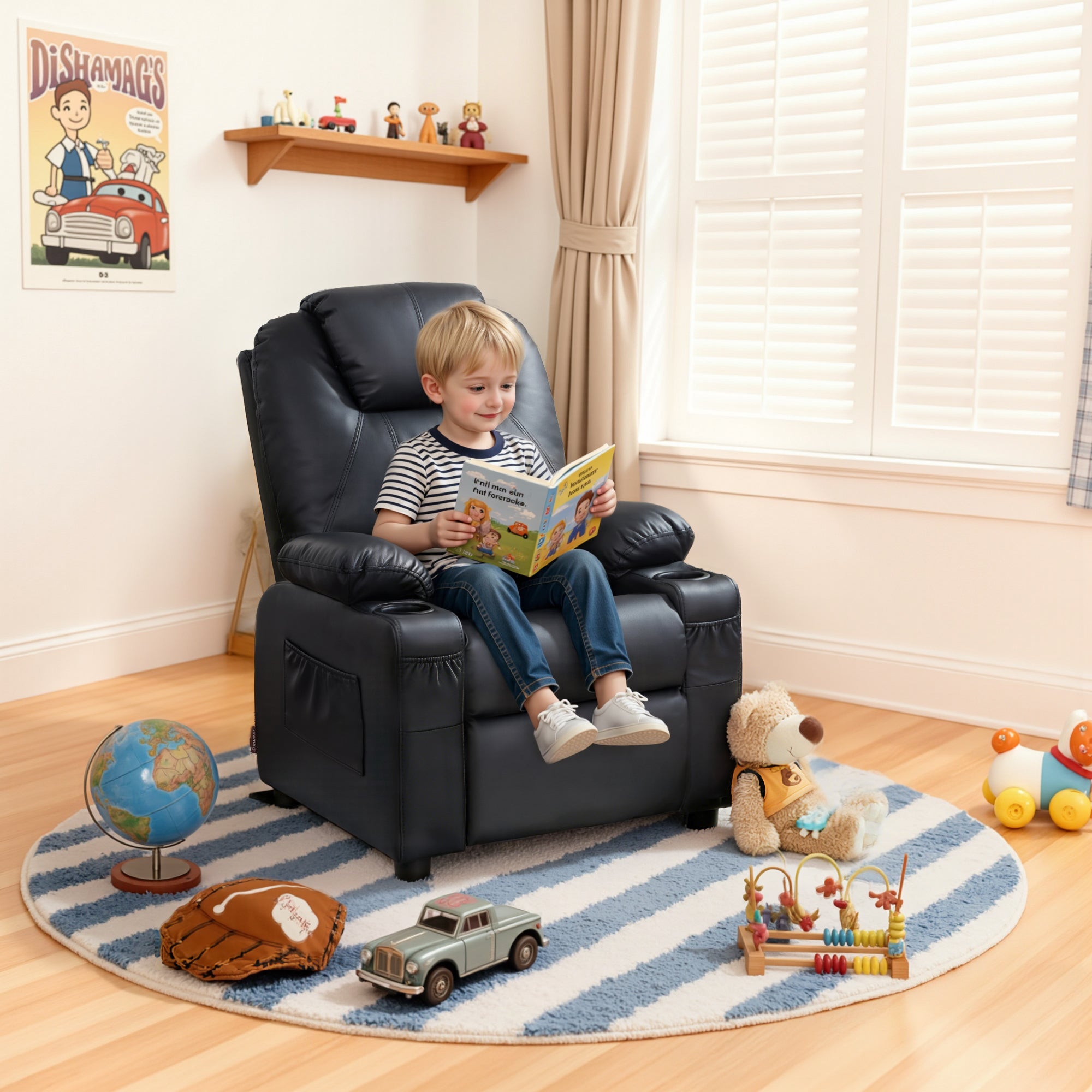 Big Kids Recliner for Ages 3+, Child Reclining Chair, Toddlers Recliner Sofa with Cup Holders 7388