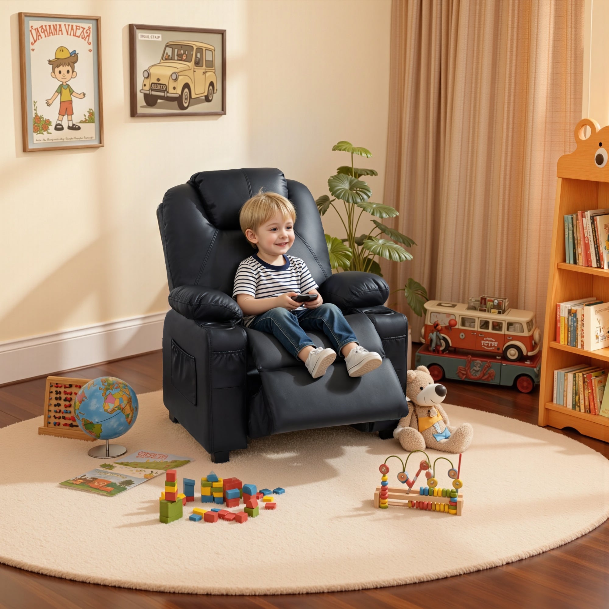 Big Kids Recliner for Ages 3+, Child Reclining Chair, Toddlers Recliner Sofa with Cup Holders 7388
