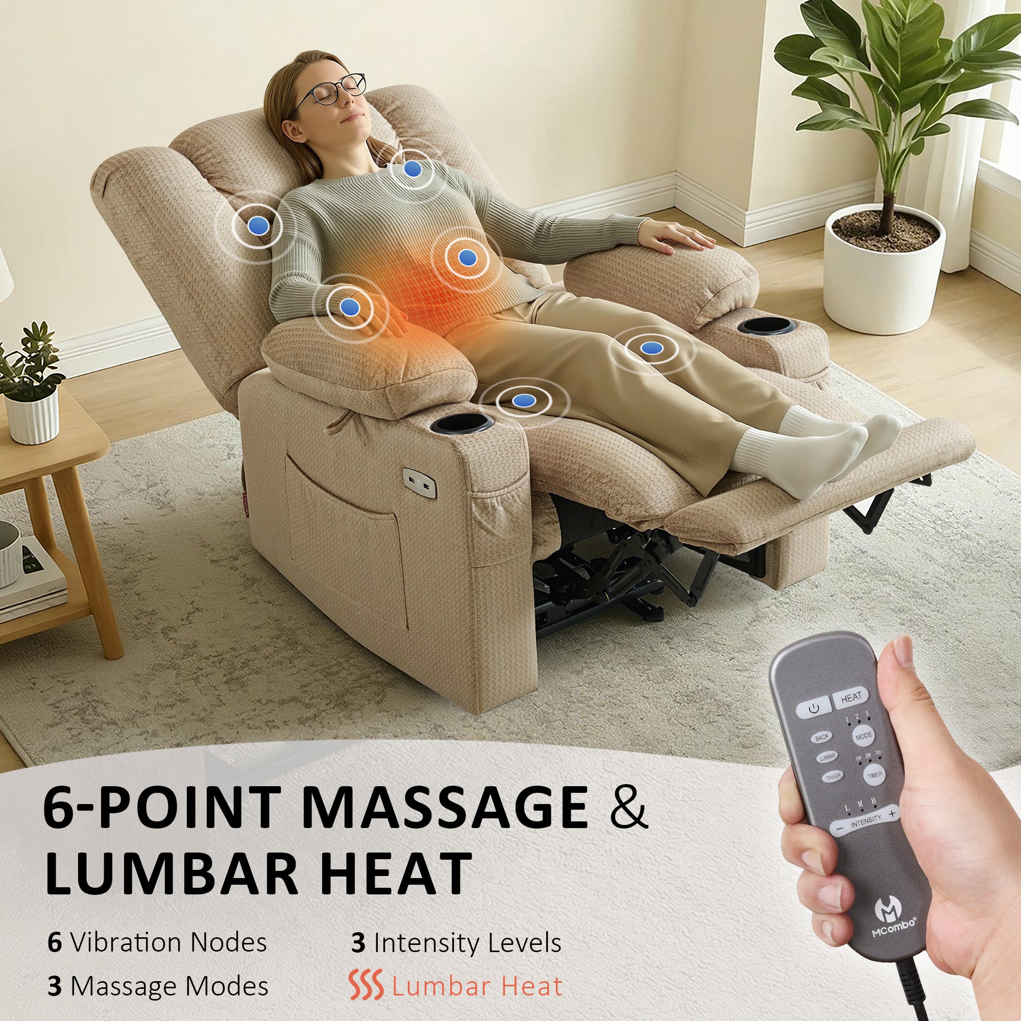 Power Recliner Chair with Heat and Massage, Fabric 6079|PR670|PR671