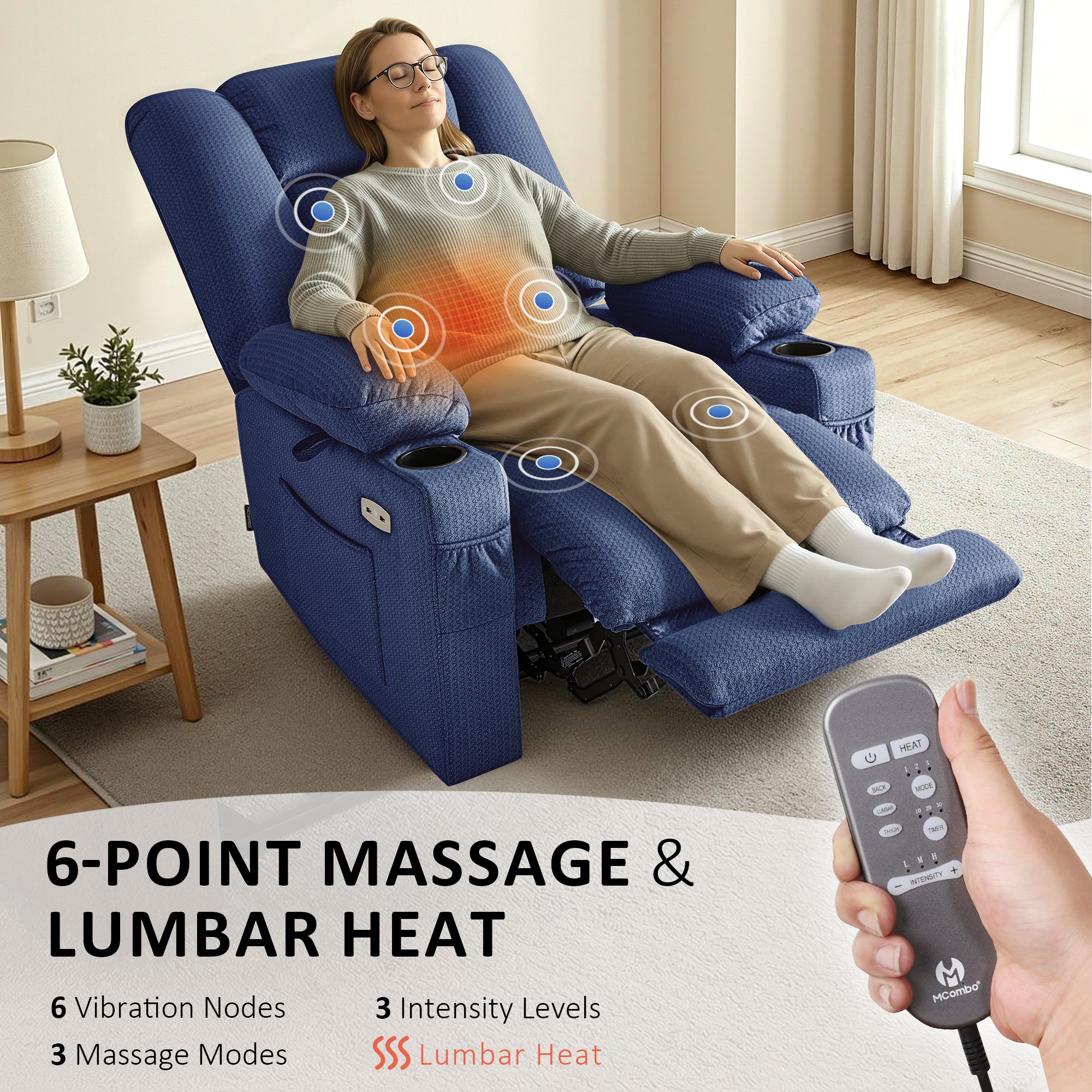 Power Recliner Chair with Heat and Massage, Fabric 6079|PR670|PR671