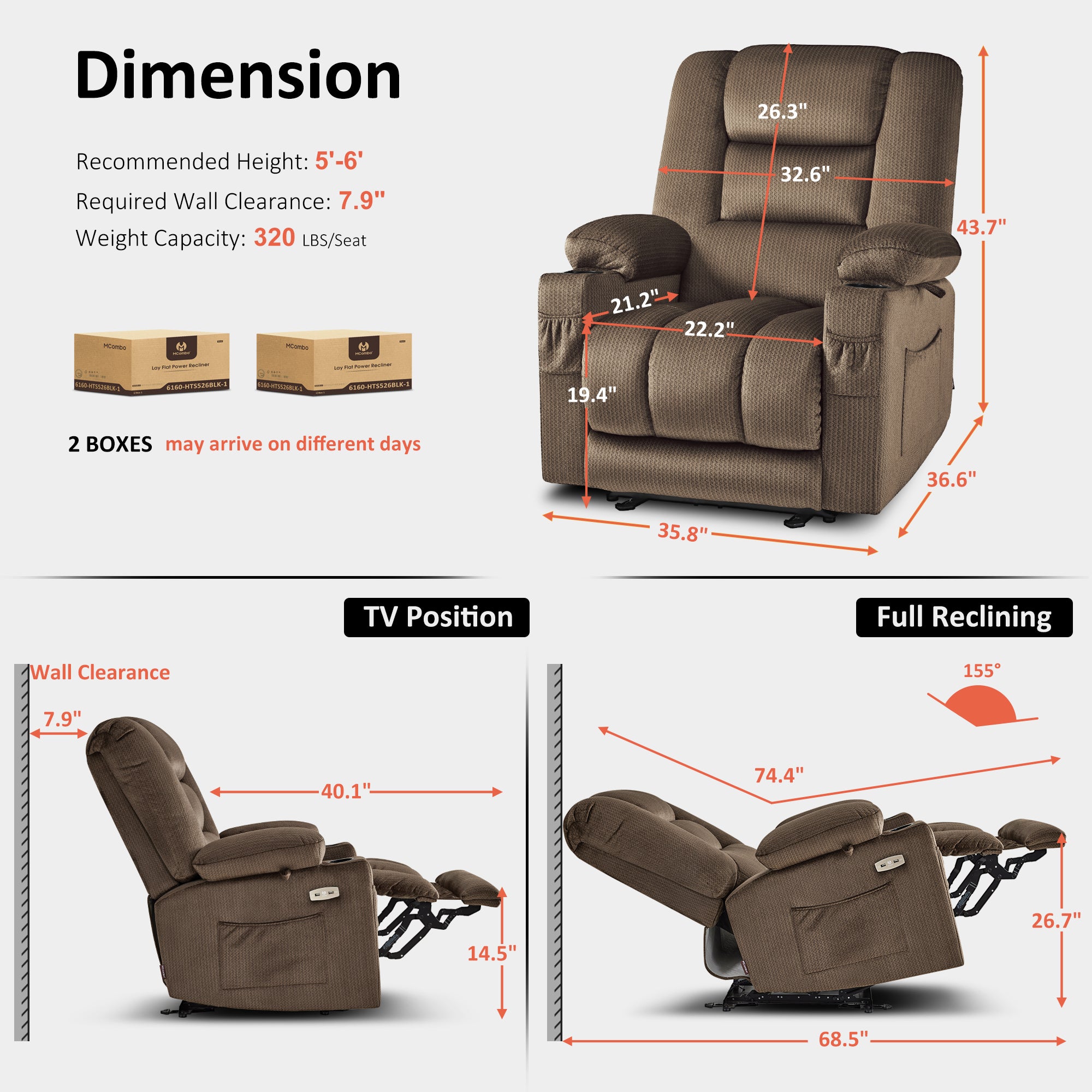Power Recliner Chair with Heat and Massage, Fabric 6079|PR670|PR671