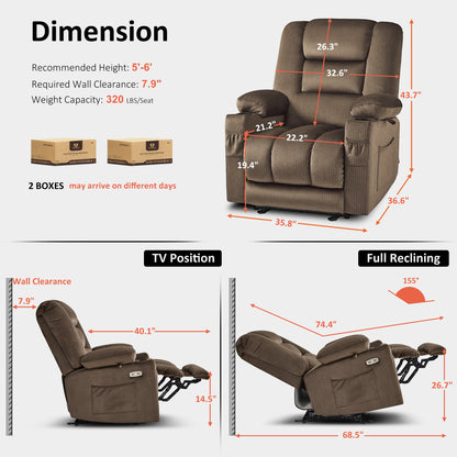 Power Recliner Chair with Heat and Massage, Fabric 6079|PR670|PR671