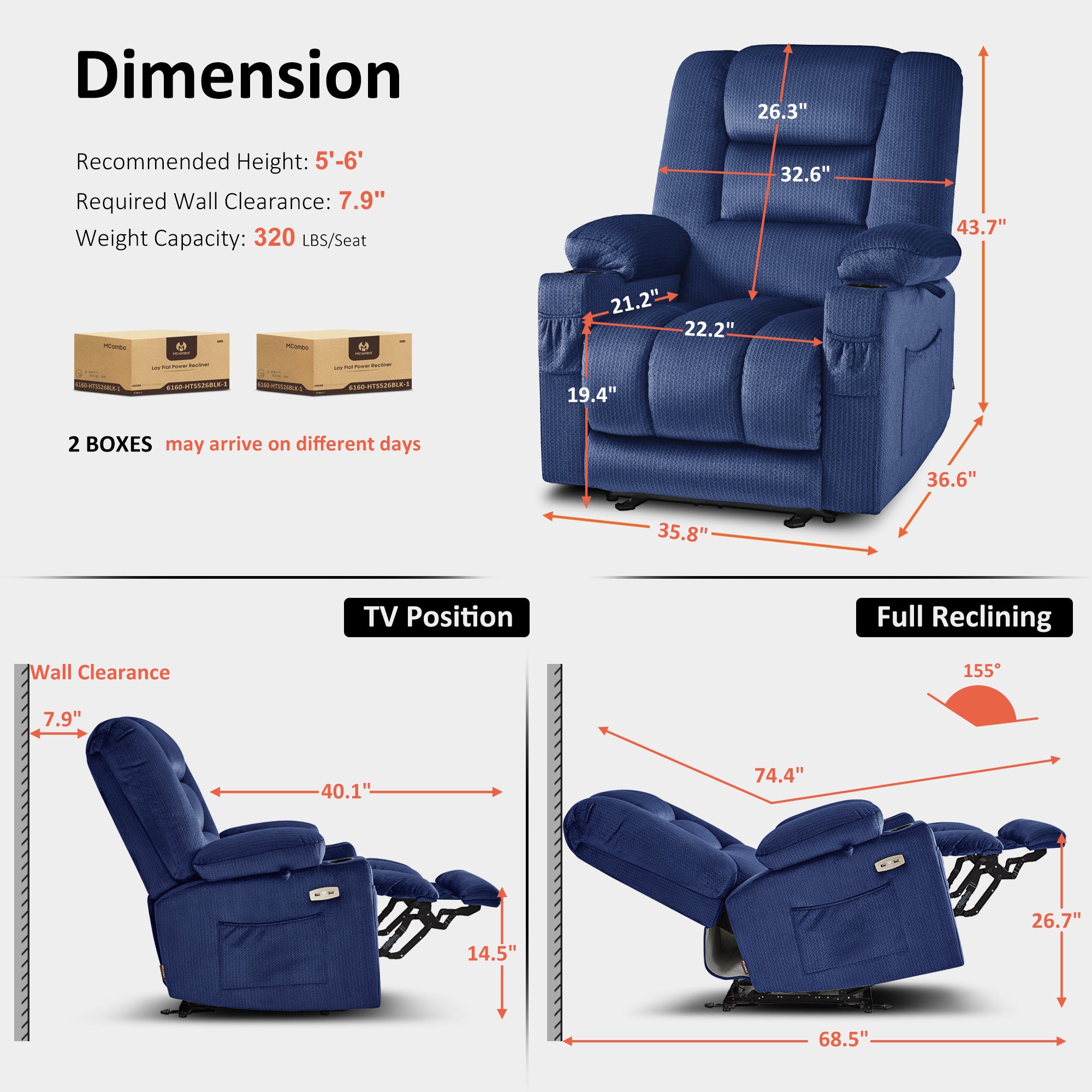 Power Recliner Chair with Heat and Massage, Fabric 6079|PR670|PR671