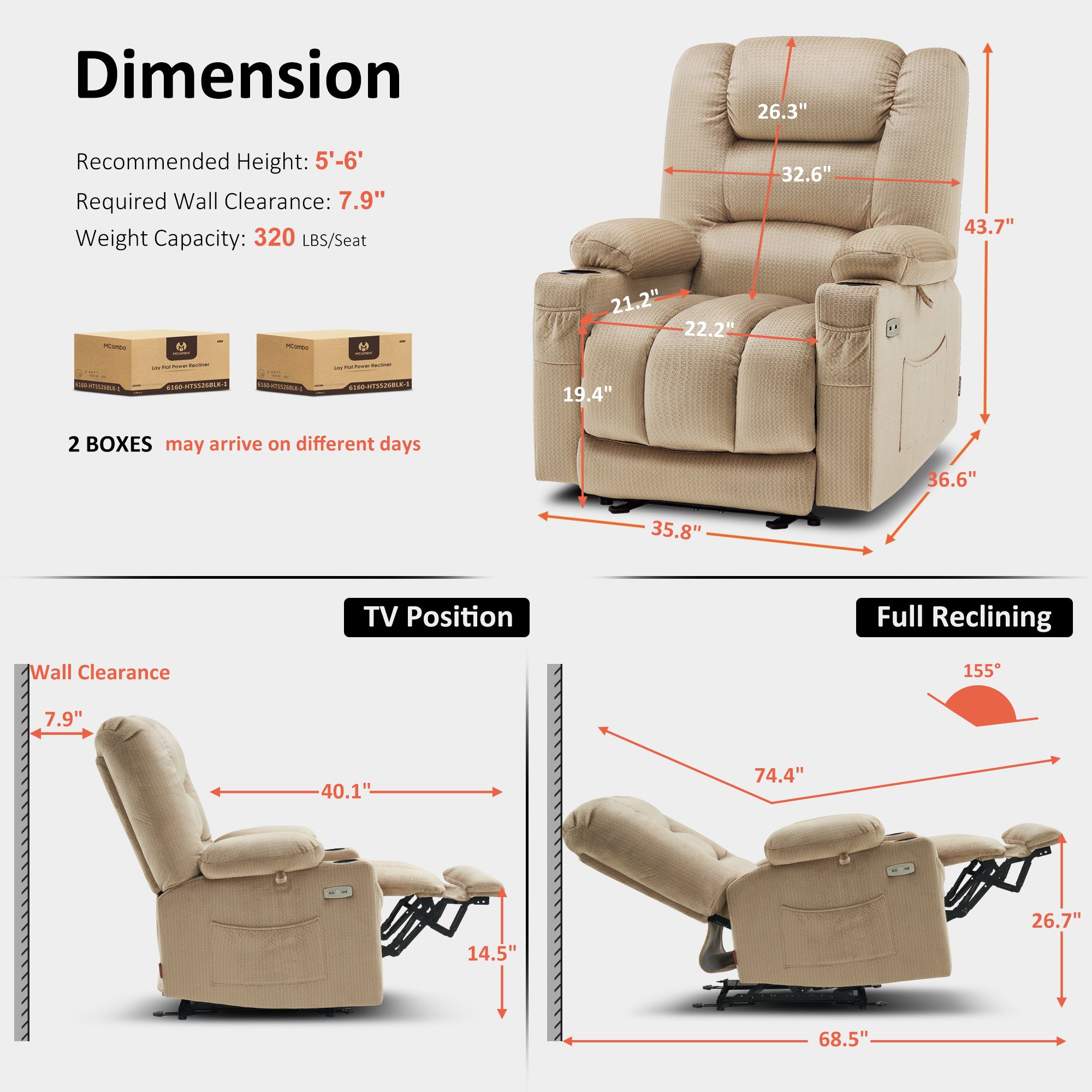 Power Recliner Chair with Heat and Massage, Fabric 6079|PR670|PR671