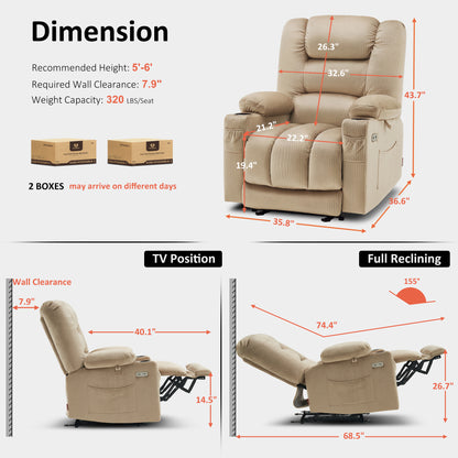Power Recliner Chair with Heat and Massage, Fabric 6079|PR670|PR671