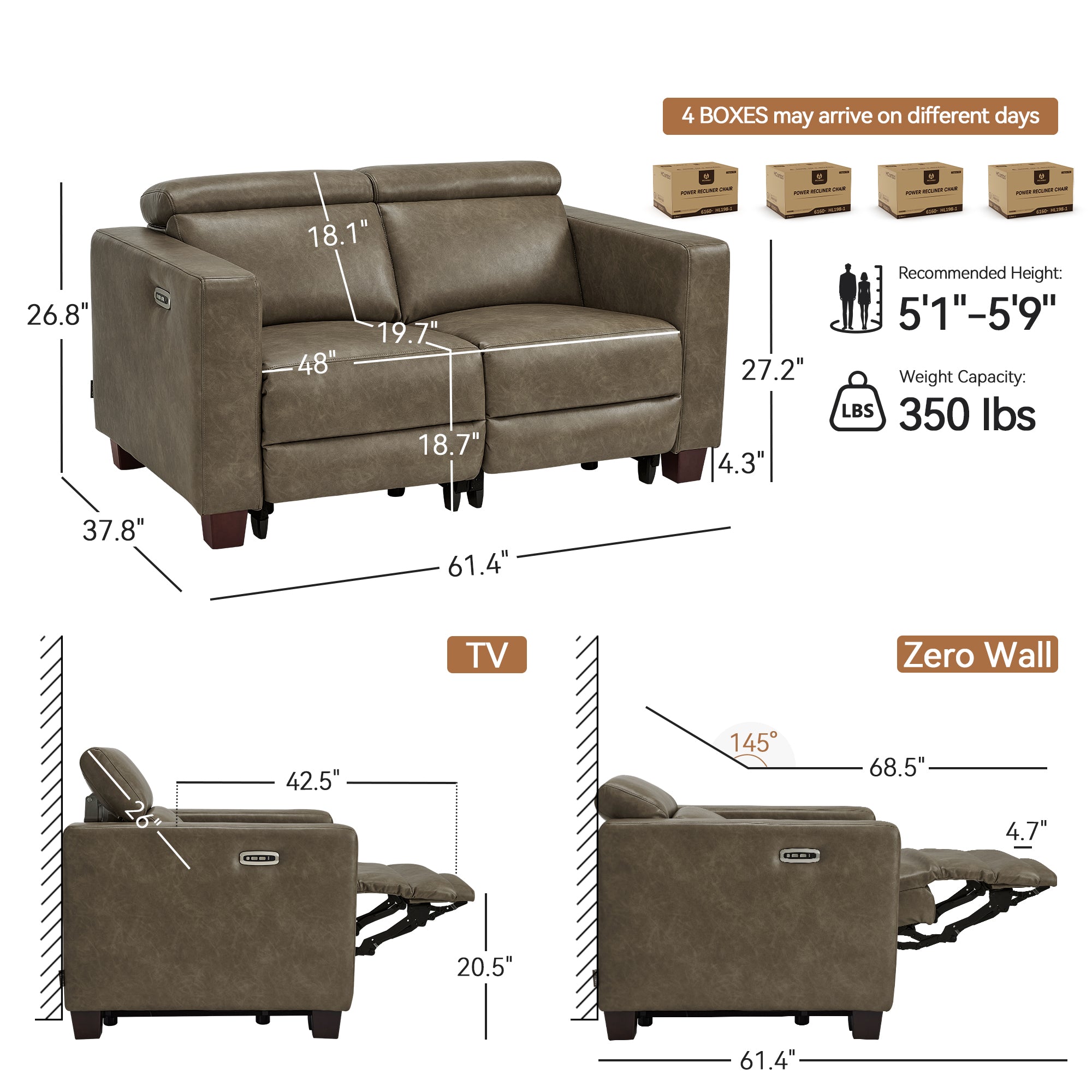 61.4'' Wall Hugger Power Loveseat for Small Spaces HL198M1