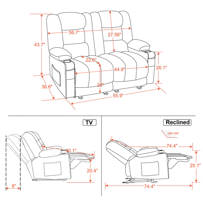 MCombo Electric Reclining Loveseat Sofa with Heat and Massage, Fabric Power Loveseat Recliner, USB Charge Port, Cup Holders for Living Room 648