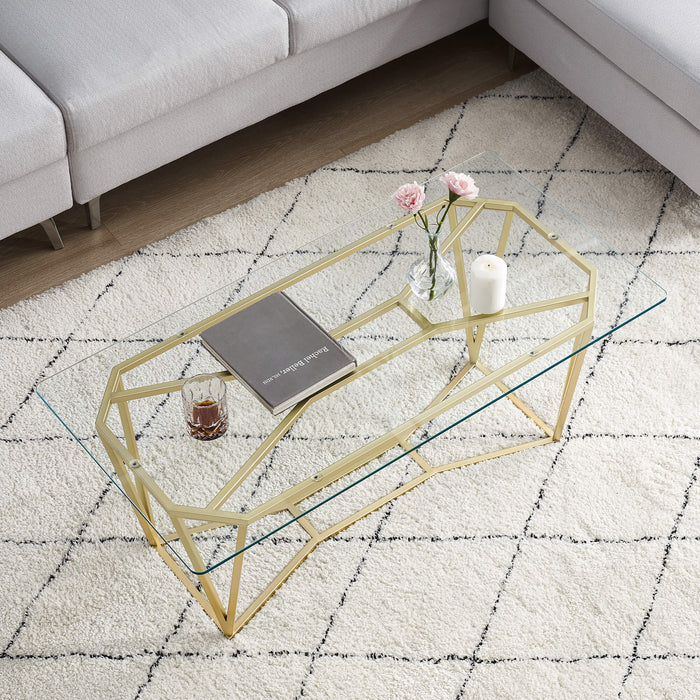 Mcombo Gold Glass Coffee Table for Living Room, 43.3 inch Modern Rectangle Cocktail Table with Gold Finish Tea Table Entertainment Center 6090-COFF-57GS