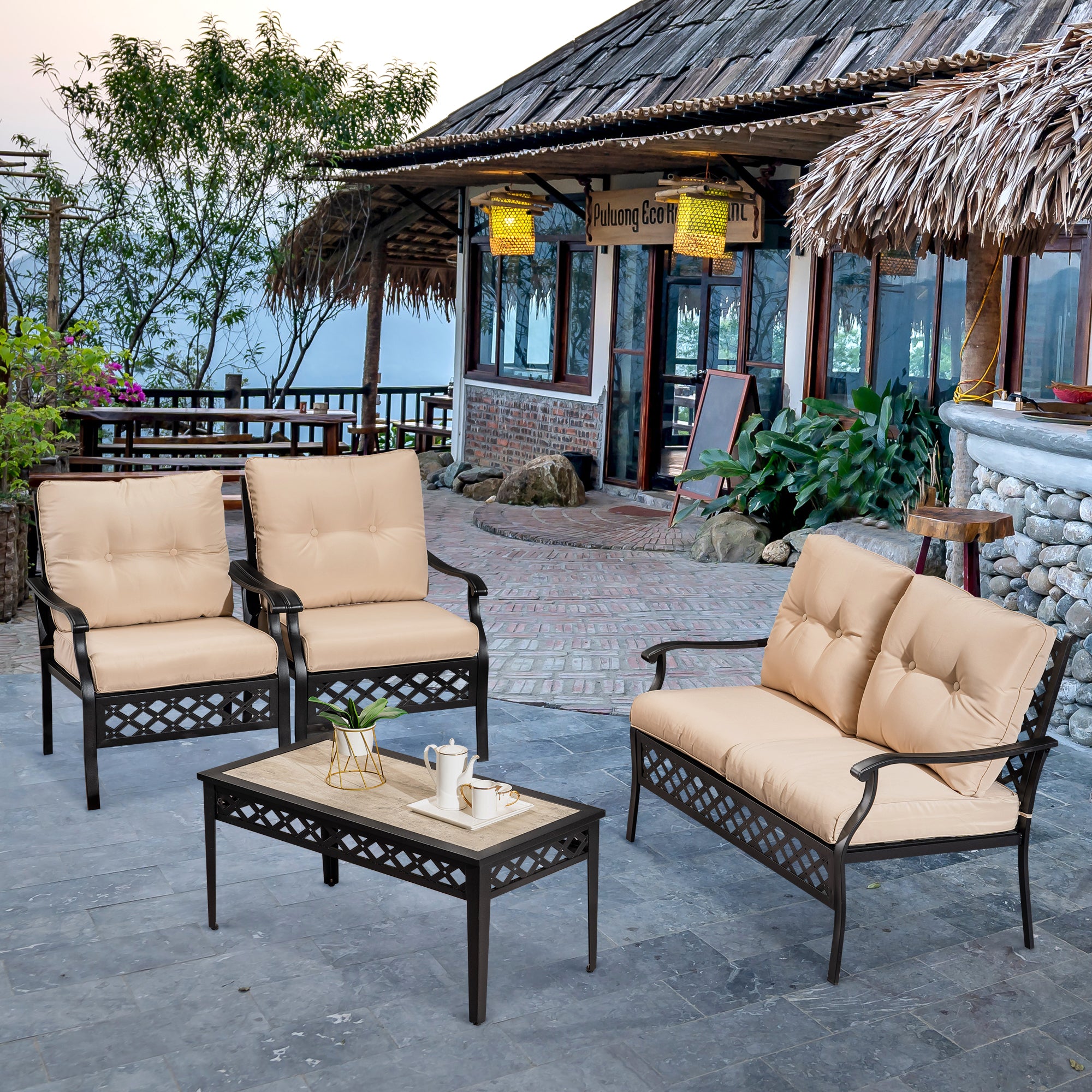 4 PCS Wrought Iron Patio Furniture Sets, STEEL14