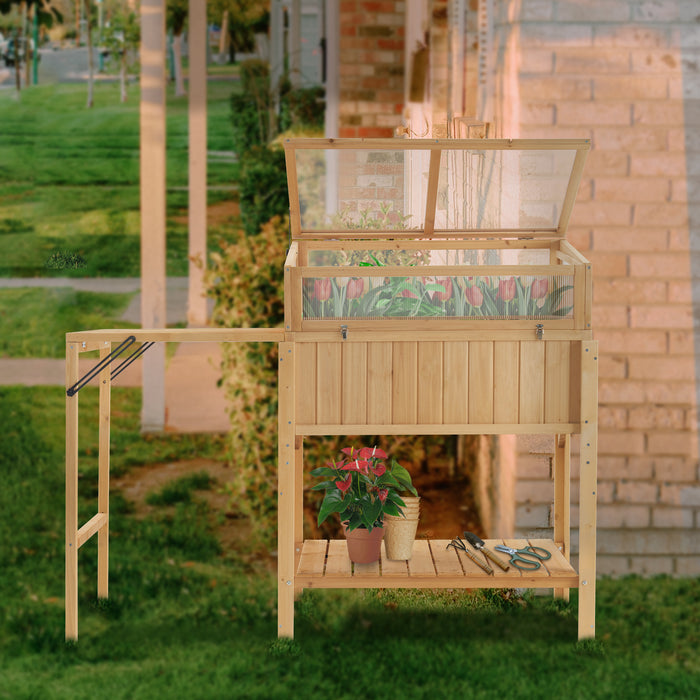 Mcombo Cold Frame Greenhouse, Portable Wooden Greenhouse Raised Potted Plant Protection Box with Shelf for Outdoor Indoor Use, 0399 (Natural)