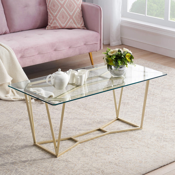 Mcombo Gold Glass Coffee Table for Living Room, 43.3 inch Modern Rectangle Cocktail Table with Gold Finish Tea Table Entertainment Center 6090-COFF-57GS