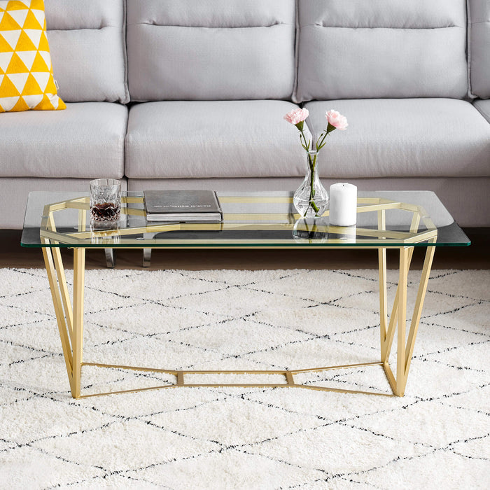 Mcombo Gold Glass Coffee Table for Living Room, 43.3 inch Modern Rectangle Cocktail Table with Gold Finish Tea Table Entertainment Center 6090-COFF-57GS